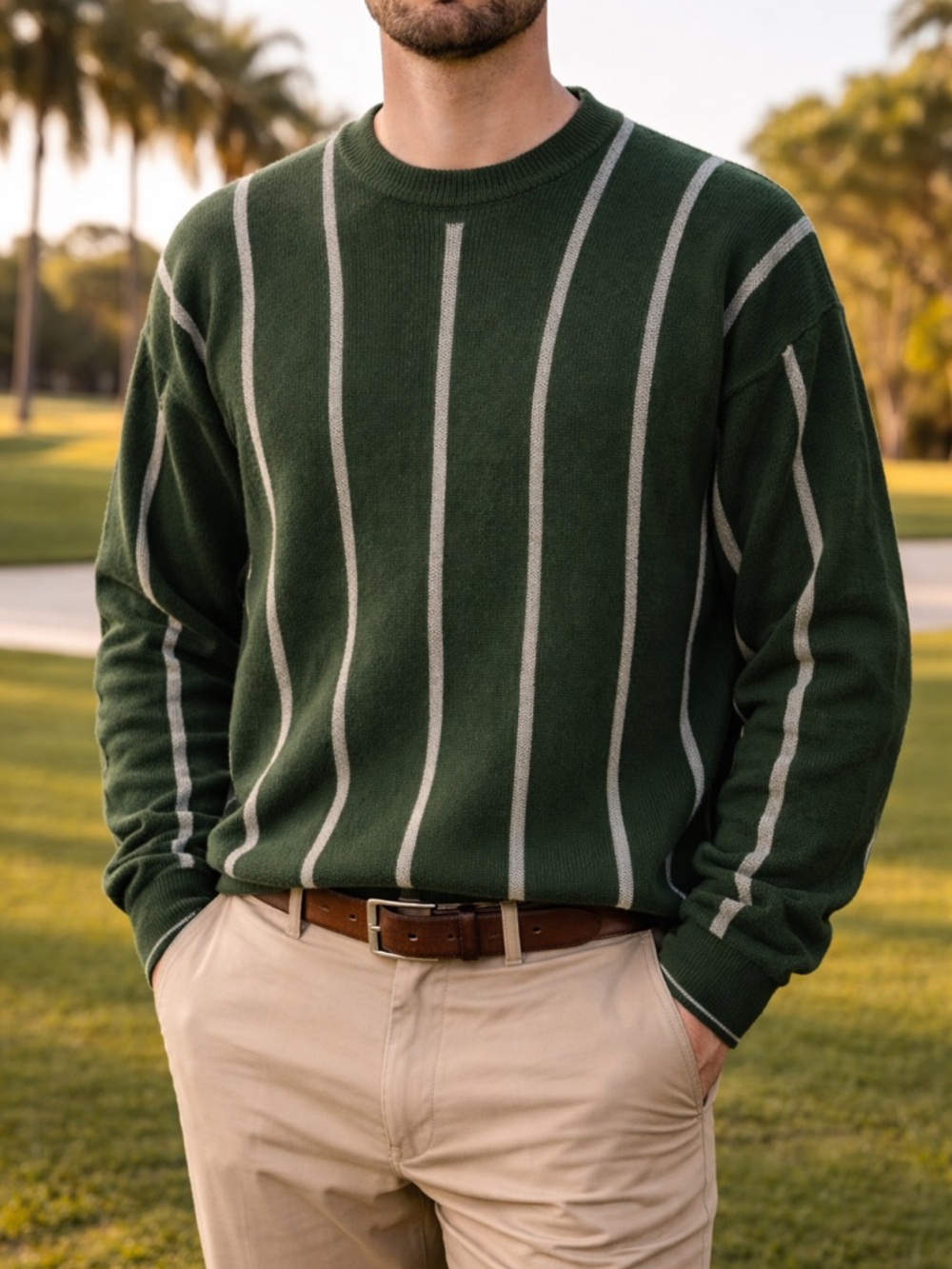 Faldo Pringle Sweater Mens L Green Striped Crewneck Cotton Golf NWT